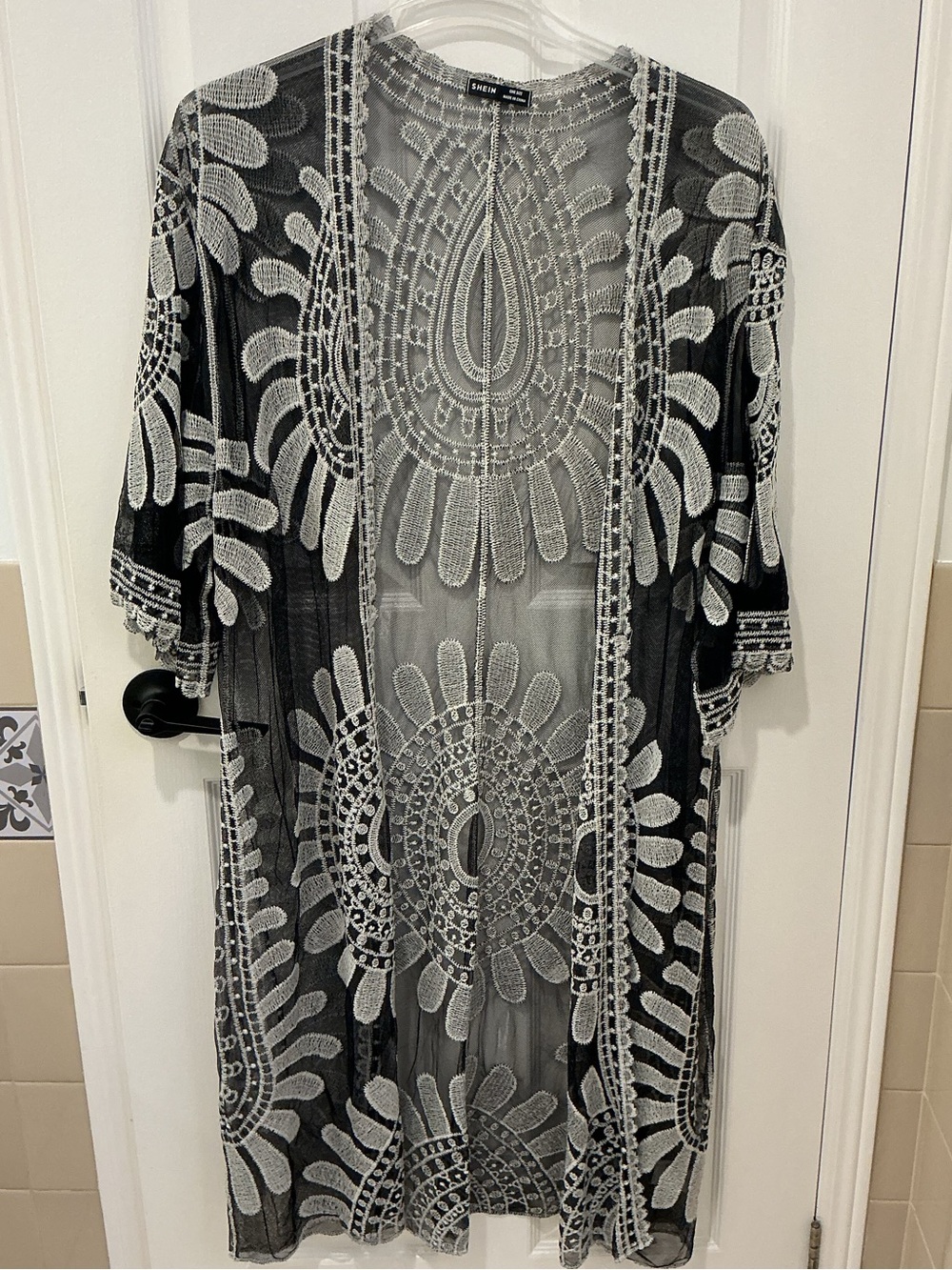 Black Mesh Kimono with White Embroidered Details